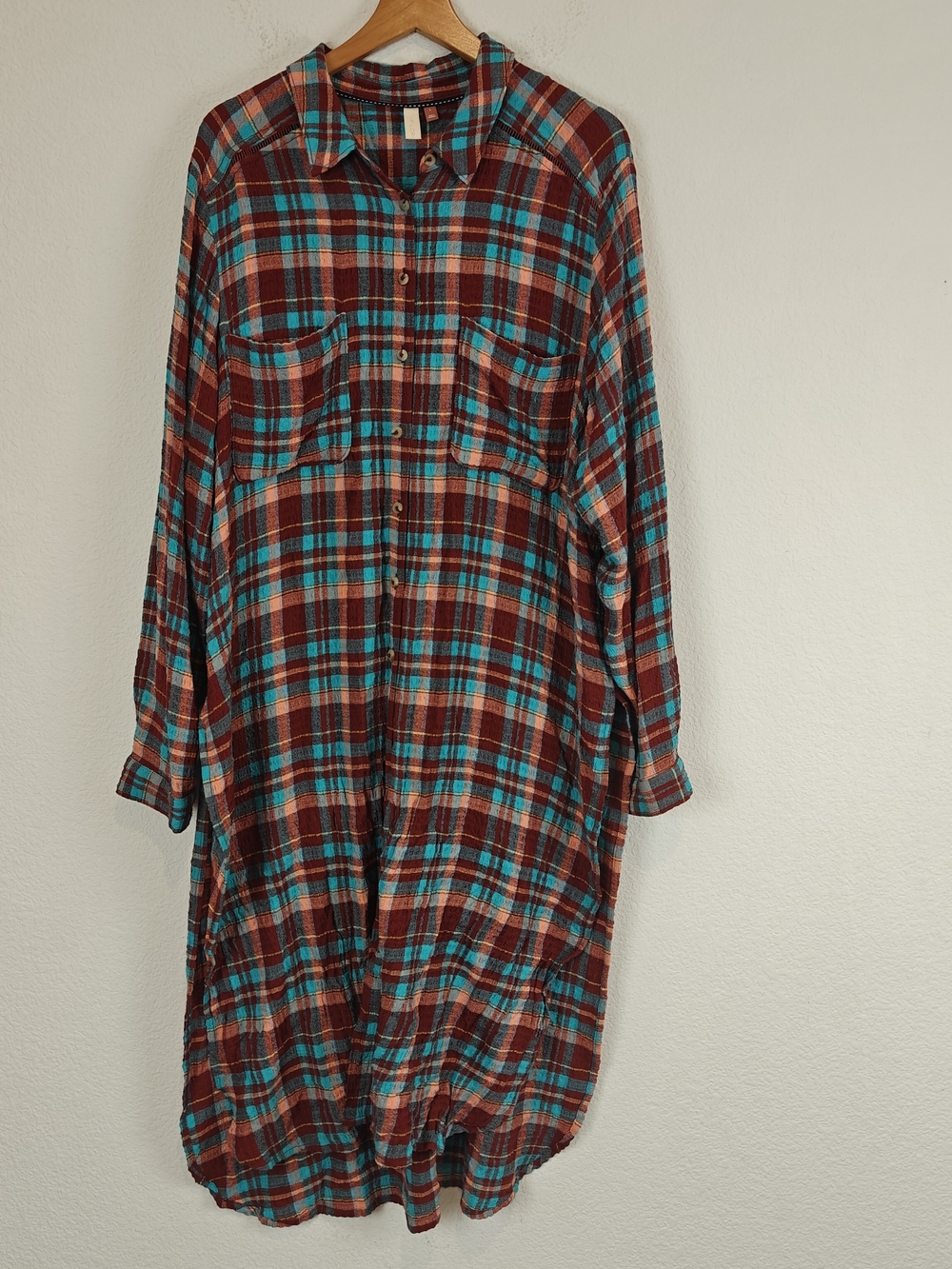 Pilcro Long Plaid Button-Down Shirt Dress in Burgundy and Teal - Picture 3 of 16